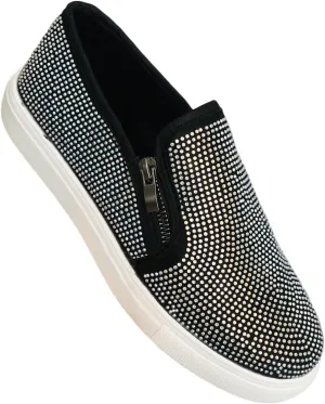 Women's Rhinestone Sparkly Zipper Slip-on Sneaker Casual Flat Loafers