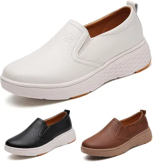 Women's Round Toe Leather Platform Loafers Comfortable Slip On Lightweight Non Slip Walking Shoes Soft Breathable Work Shopping Driving Shoes