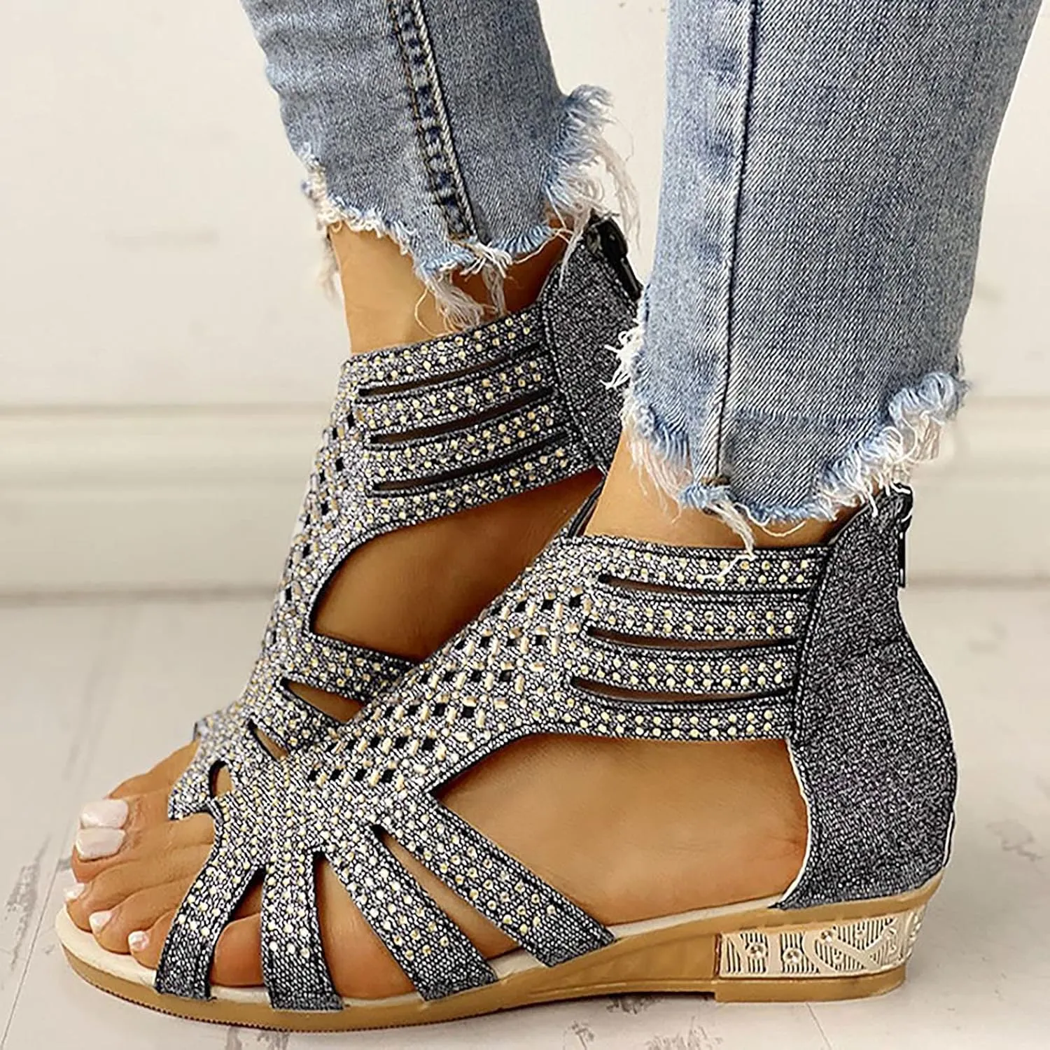 Womens Sandals Dressy Wedge Sparkly Rhinestones Back Zipper Open Toe Strappy Glitter Adorable Comfortable Wedding Shoes