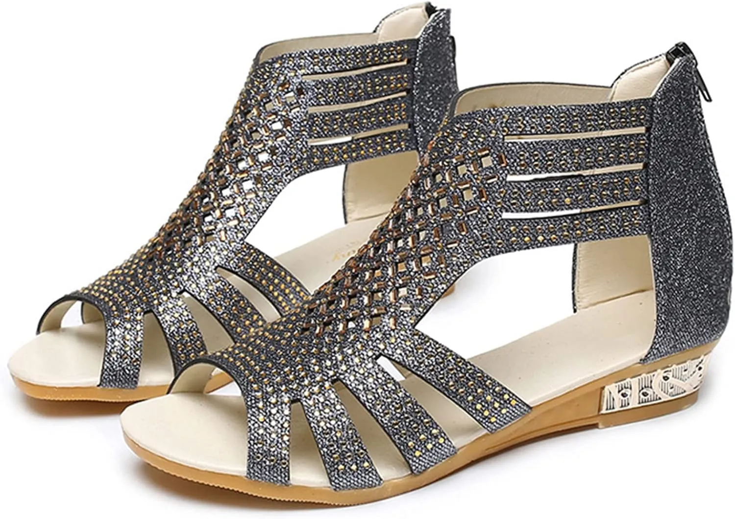 Womens Sandals Dressy Wedge Sparkly Rhinestones Back Zipper Open Toe Strappy Glitter Adorable Comfortable Wedding Shoes
