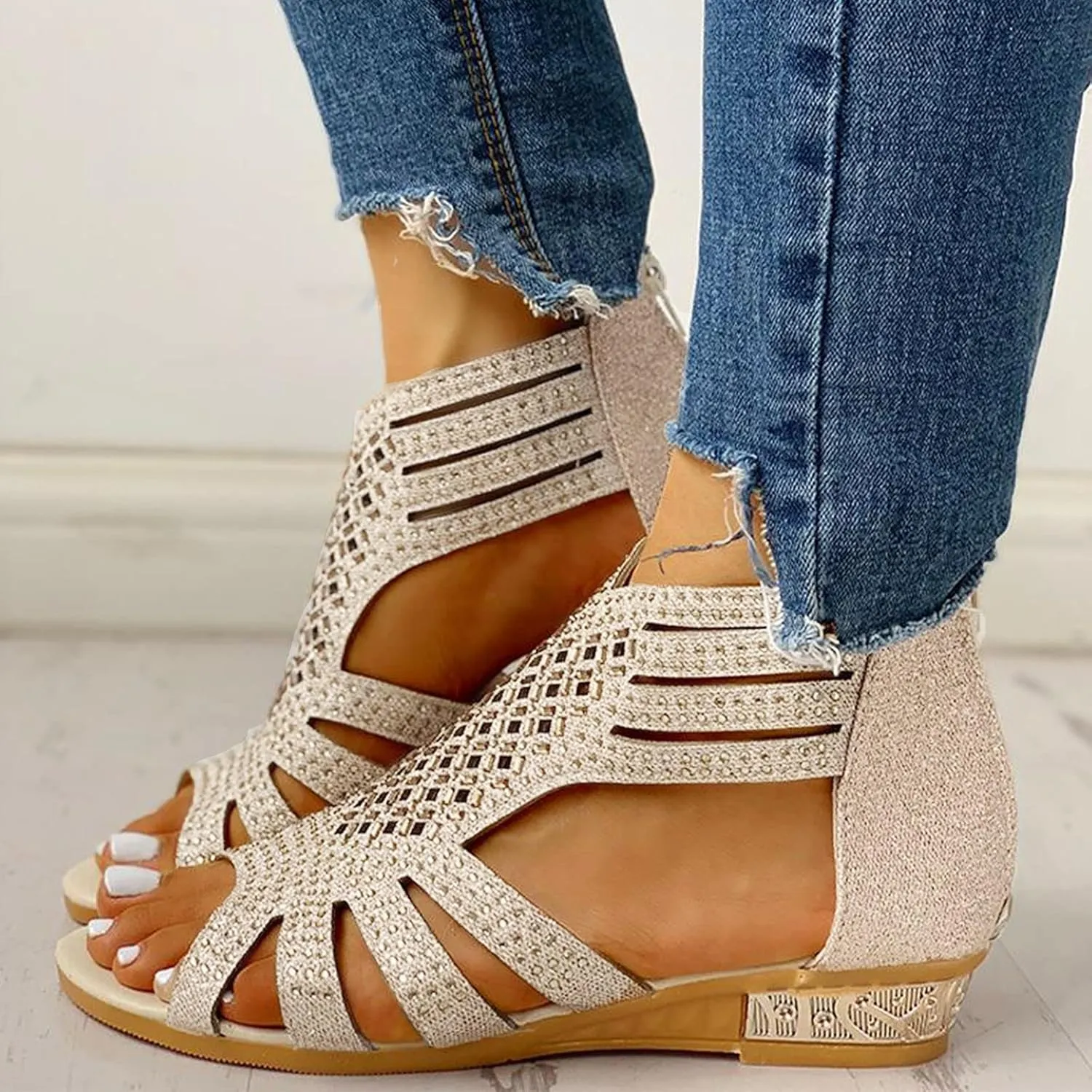 Womens Sandals Dressy Wedge Sparkly Rhinestones Back Zipper Open Toe Strappy Glitter Adorable Comfortable Wedding Shoes