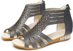 Womens Sandals Dressy Wedge Sparkly Rhinestones Back Zipper Open Toe Strappy Glitter Adorable Comfortable Wedding Shoes