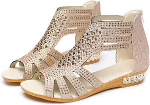 Womens Sandals Dressy Wedge Sparkly Rhinestones Back Zipper Open Toe Strappy Glitter Adorable Comfortable Wedding Shoes