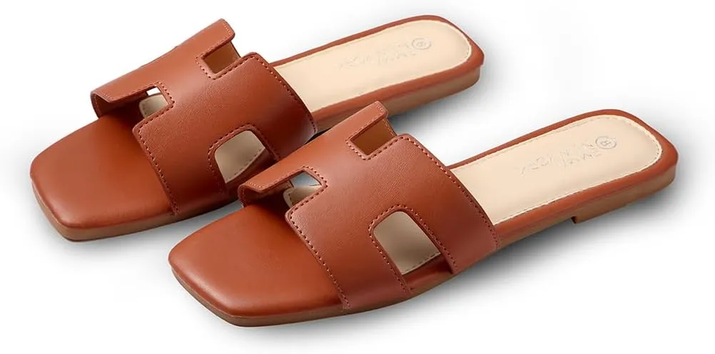 Women's Sandals Slip On Leather Slide Sandals Summer Sandals For Women 2024 Dressy Flat Sandals Comfortable Sandals For Women