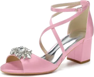 Women's Satin Sandals Women's ankle buckle sandals for weddings, Adjustable Ankle Strap Rhinestone embellished sandals Sparkly peep toe party shoes
