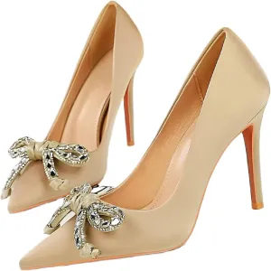 Women's Satin Shiny Bow Stilettos Sexy Rhinestone Closed Pointed Toe Slip On Dress Pumps Fashion Elegant Versatile Wedding Bridal Party Shoes