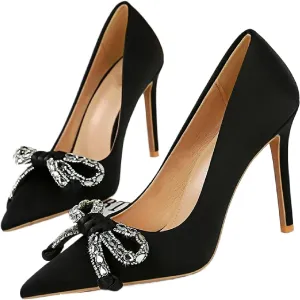 Women's Satin Shiny Bow Stilettos Sexy Rhinestone Closed Pointed Toe Slip On Dress Pumps Fashion Elegant Versatile Wedding Bridal Party Shoes