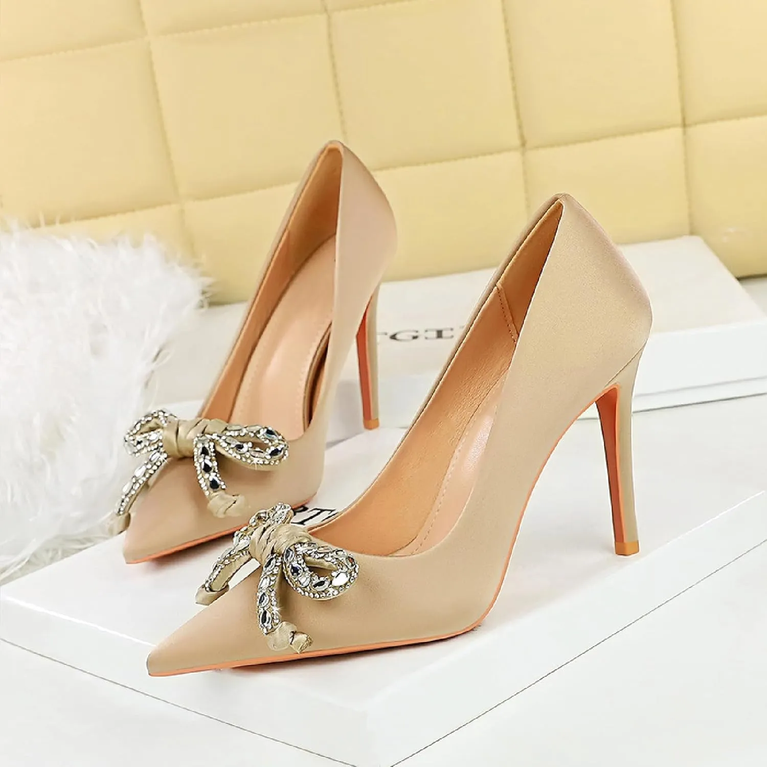 Women's Satin Shiny Bow Stilettos Sexy Rhinestone Closed Pointed Toe Slip On Dress Pumps Fashion Elegant Versatile Wedding Bridal Party Shoes