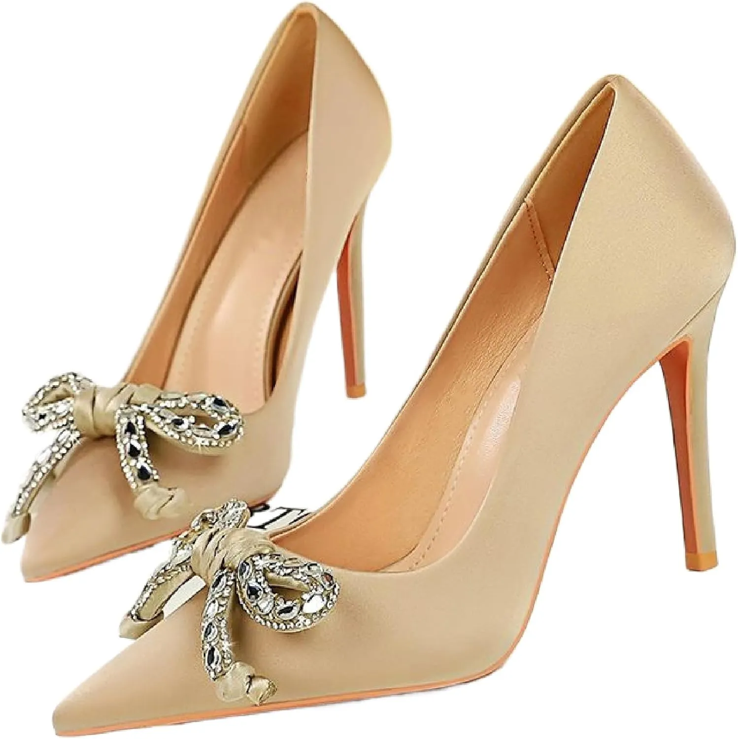 Women's Satin Shiny Bow Stilettos Sexy Rhinestone Closed Pointed Toe Slip On Dress Pumps Fashion Elegant Versatile Wedding Bridal Party Shoes