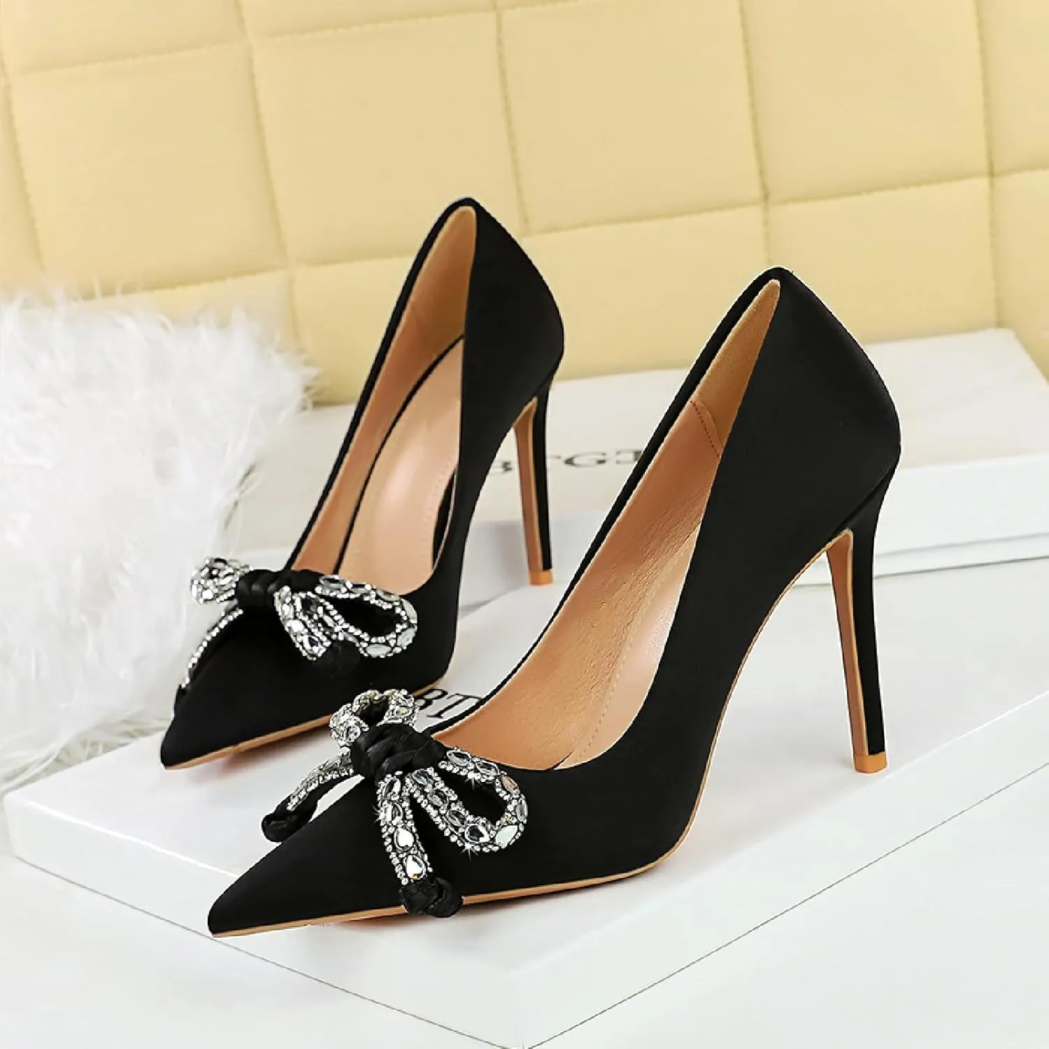 Women's Satin Shiny Bow Stilettos Sexy Rhinestone Closed Pointed Toe Slip On Dress Pumps Fashion Elegant Versatile Wedding Bridal Party Shoes