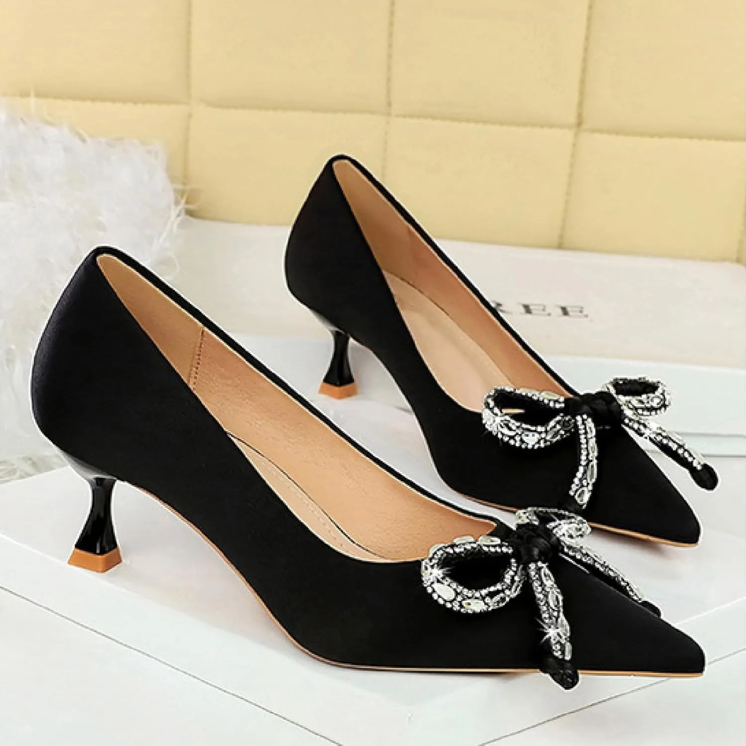 Women's Satin Shiny Bow Stilettos Sexy Rhinestone Closed Pointed Toe Slip On Dress Pumps Fashion Elegant Versatile Wedding Bridal Party Shoes