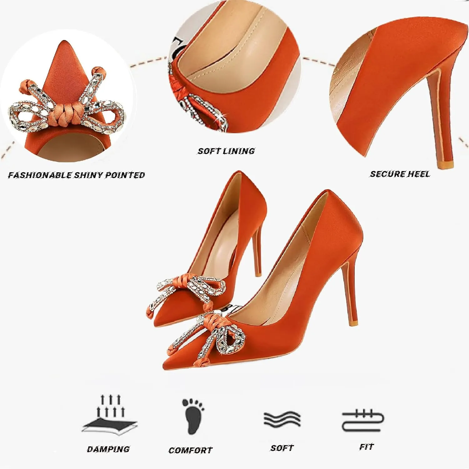 Women's Satin Shiny Bow Stilettos Sexy Rhinestone Closed Pointed Toe Slip On Dress Pumps Fashion Elegant Versatile Wedding Bridal Party Shoes