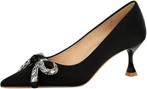 Women's Satin Shiny Bow Stilettos Sexy Rhinestone Closed Pointed Toe Slip On Dress Pumps Fashion Elegant Versatile Wedding Bridal Party Shoes