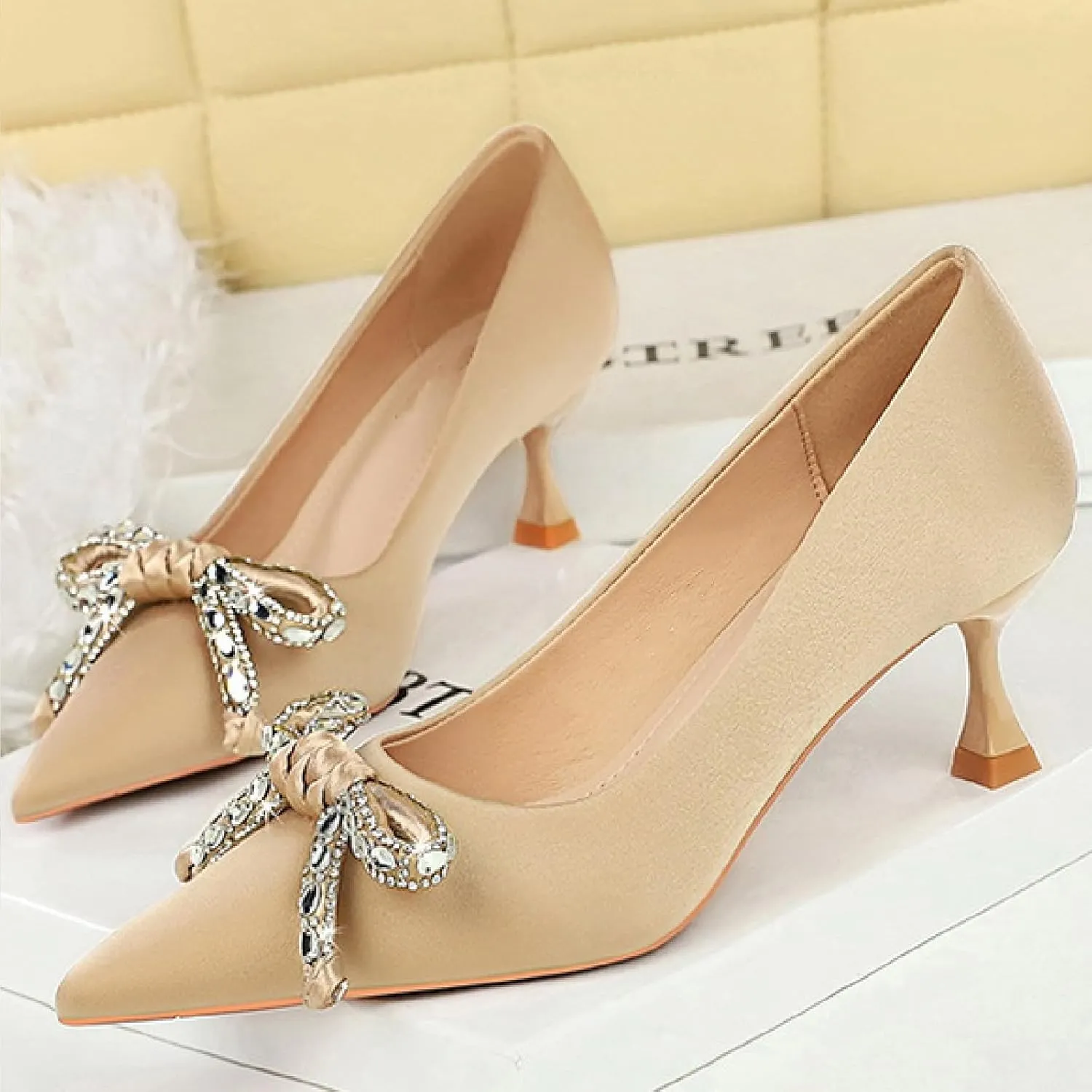Women's Satin Shiny Bow Stilettos Sexy Rhinestone Closed Pointed Toe Slip On Dress Pumps Fashion Elegant Versatile Wedding Bridal Party Shoes