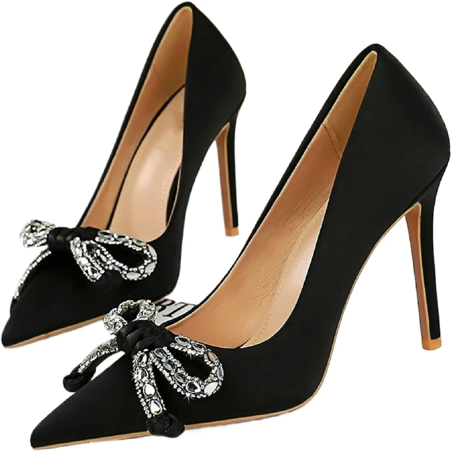 Women's Satin Shiny Bow Stilettos Sexy Rhinestone Closed Pointed Toe Slip On Dress Pumps Fashion Elegant Versatile Wedding Bridal Party Shoes