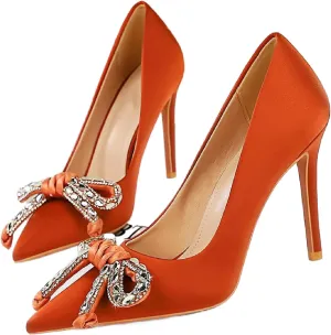 Women's Satin Shiny Bow Stilettos Sexy Rhinestone Closed Pointed Toe Slip On Dress Pumps Fashion Elegant Versatile Wedding Bridal Party Shoes