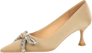 Women's Satin Shiny Bow Stilettos Sexy Rhinestone Closed Pointed Toe Slip On Dress Pumps Fashion Elegant Versatile Wedding Bridal Party Shoes
