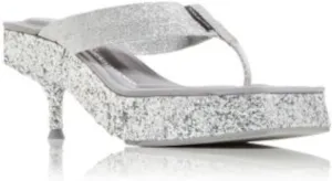 Womens Silver Glitter Padded Jessie Square Toe Kitten Heel Slip On Heeled Thong Sandals 39