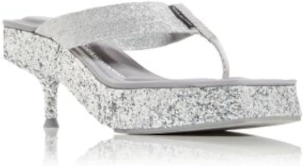 Womens Silver Glitter Padded Jessie Square Toe Kitten Heel Slip On Heeled Thong Sandals 39