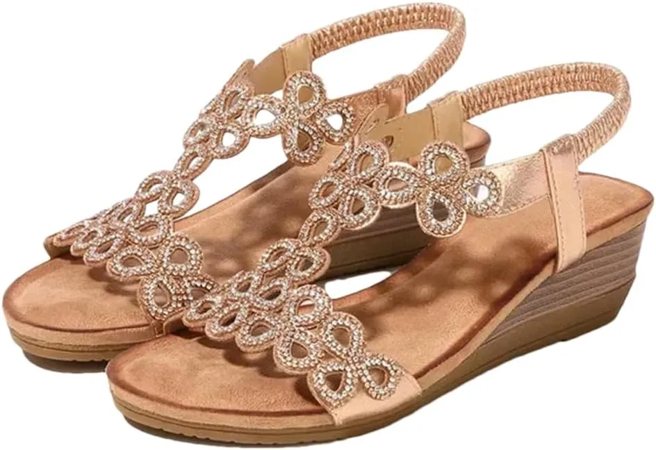 Womens Slip-On Other Wedge Heel Open Side Vamp Gladiator Sandals PU Upper Crystal Bohemian Summer Sandals