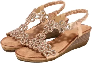 Womens Slip-On Other Wedge Heel Open Side Vamp Gladiator Sandals PU Upper Crystal Bohemian Summer Sandals