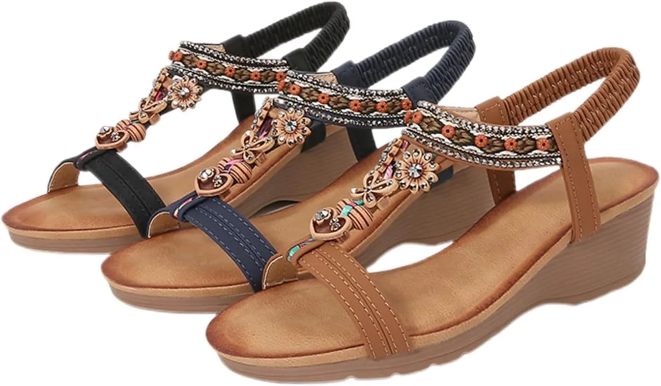 Womens Wedge Sandals Bohemia Flower Low Heel Dress Sandals Elastic Ankle Strap Summer Open Toe Comfortable Shoes