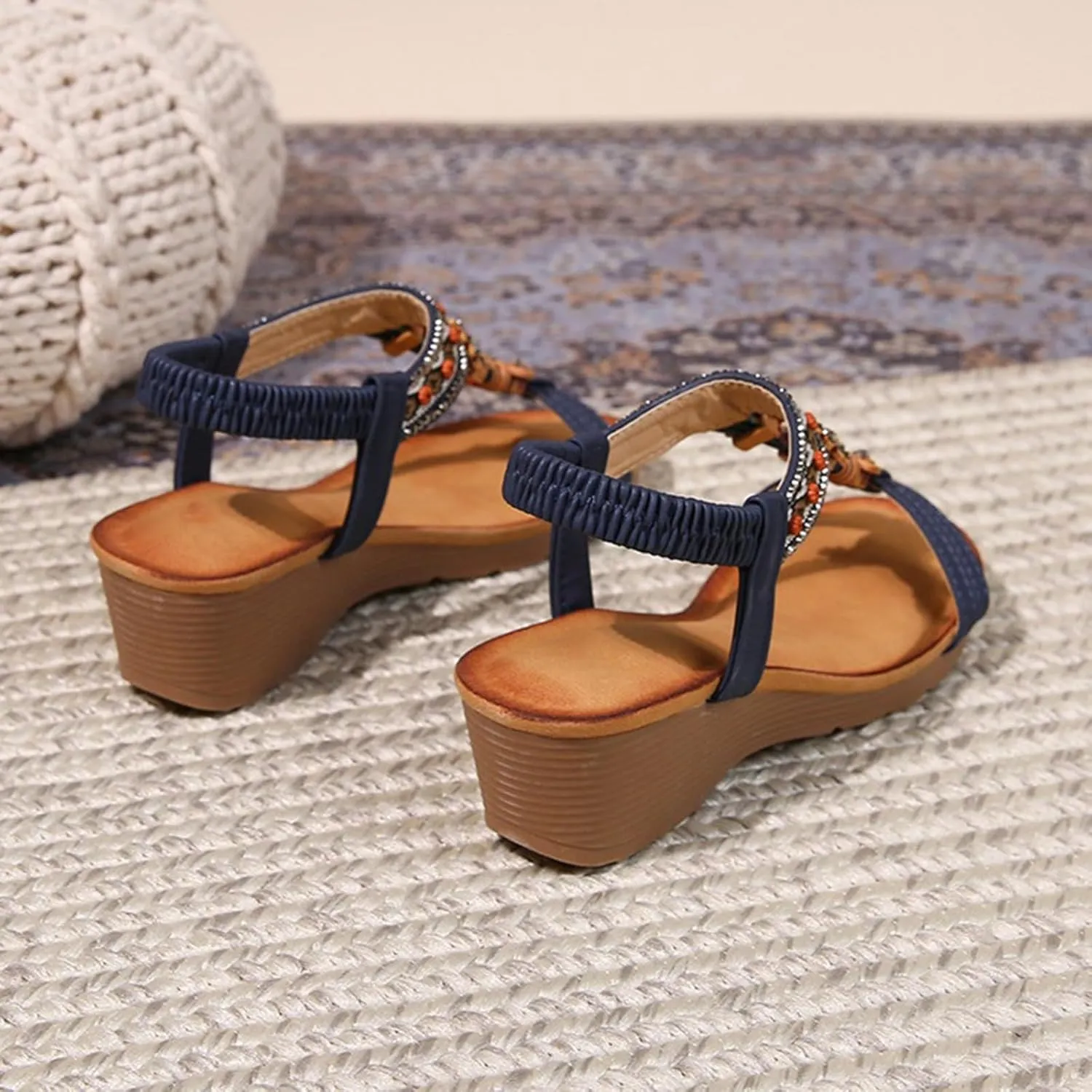 Womens Wedge Sandals Bohemia Flower Low Heel Dress Sandals Elastic Ankle Strap Summer Open Toe Comfortable Shoes