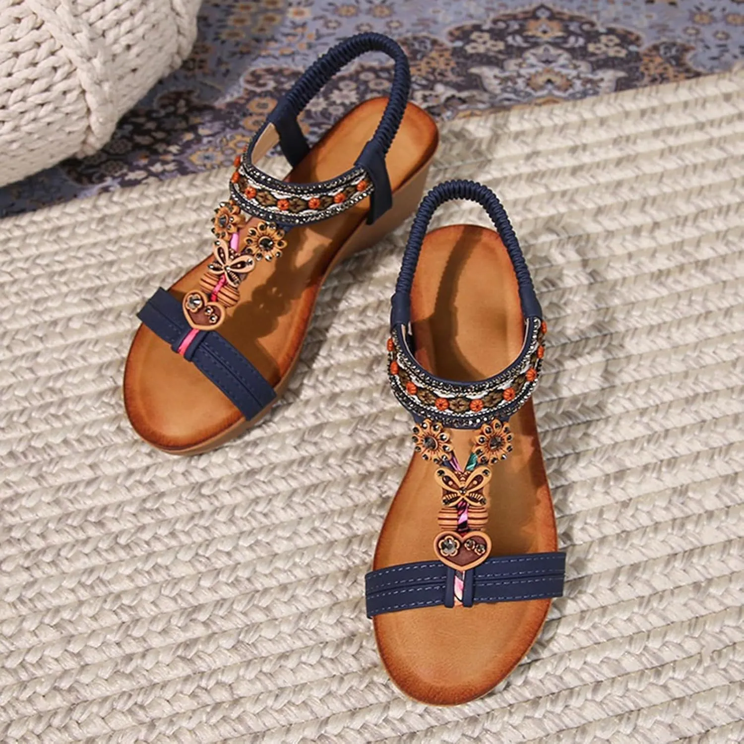 Womens Wedge Sandals Bohemia Flower Low Heel Dress Sandals Elastic Ankle Strap Summer Open Toe Comfortable Shoes