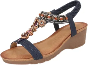 Womens Wedge Sandals Bohemia Flower Low Heel Dress Sandals Elastic Ankle Strap Summer Open Toe Comfortable Shoes