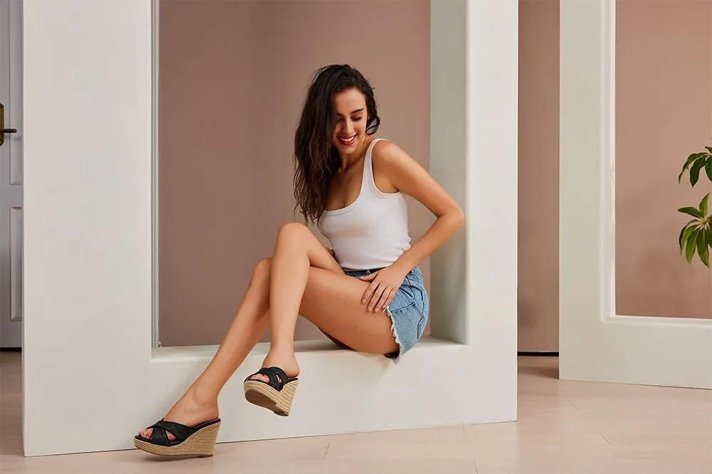 Women's Wedge Slides -Sandals - espadrilles raffia sandals -summer Open Toe platform Slip On high heel casual sandals beach comfortable slippers