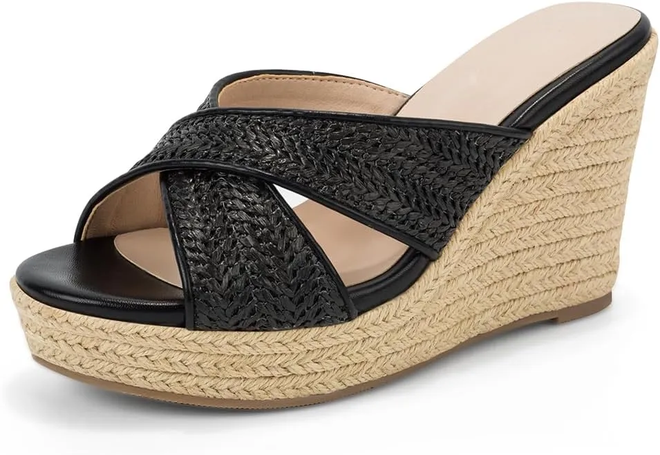 Women's Wedge Slides -Sandals - espadrilles raffia sandals -summer Open Toe platform Slip On high heel casual sandals beach comfortable slippers