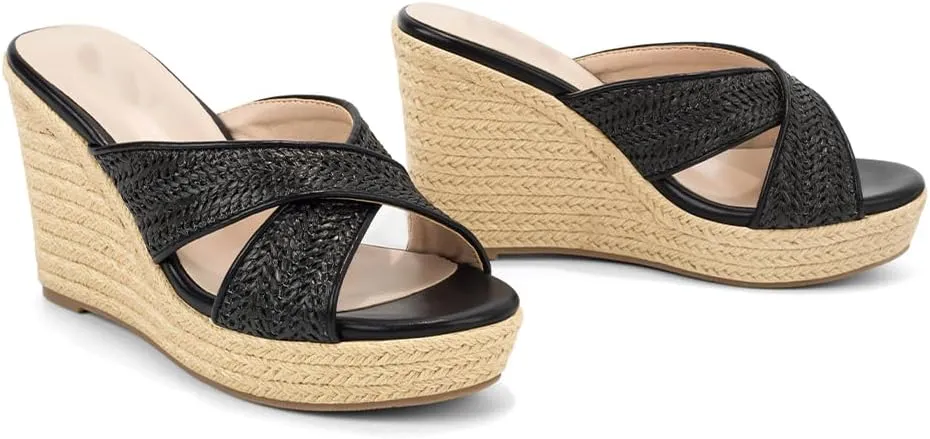 Women's Wedge Slides -Sandals - espadrilles raffia sandals -summer Open Toe platform Slip On high heel casual sandals beach comfortable slippers