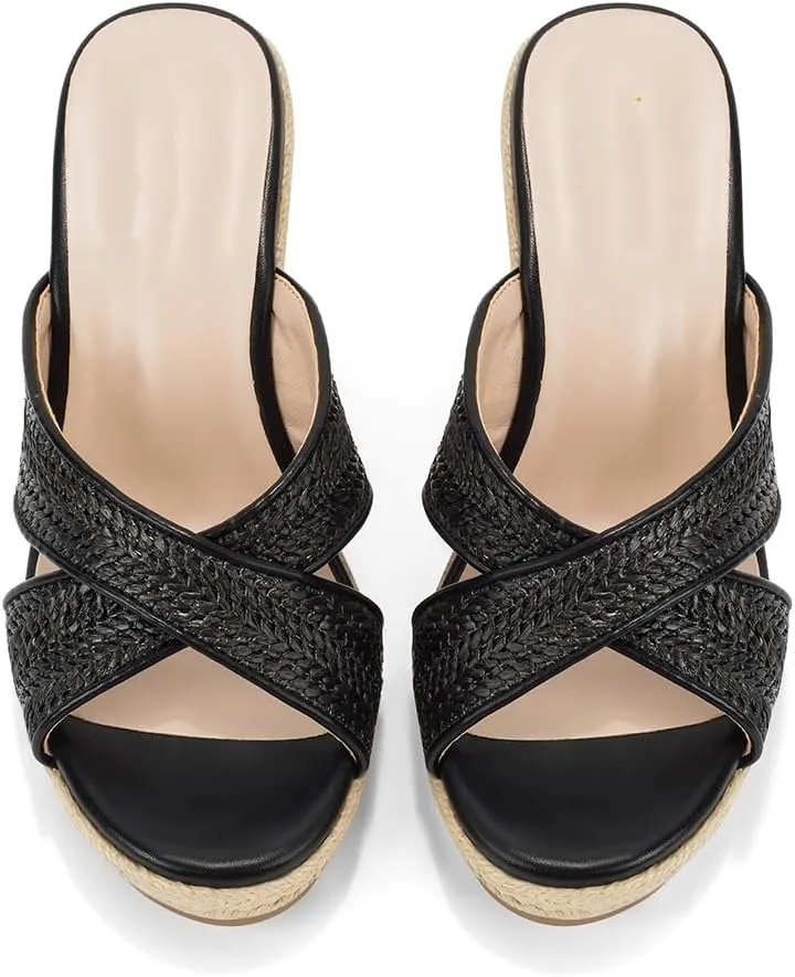 Women's Wedge Slides -Sandals - espadrilles raffia sandals -summer Open Toe platform Slip On high heel casual sandals beach comfortable slippers
