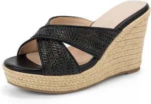 Women's Wedge Slides -Sandals - espadrilles raffia sandals -summer Open Toe platform Slip On high heel casual sandals beach comfortable slippers