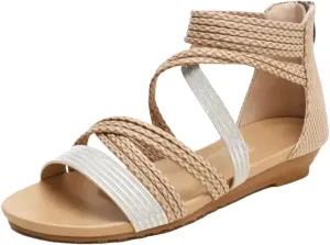 Womens Zip Back Strap Wedge Heel Open Side Vamp Gladiator Sandals PU Upper Bohemian Summer Sandals