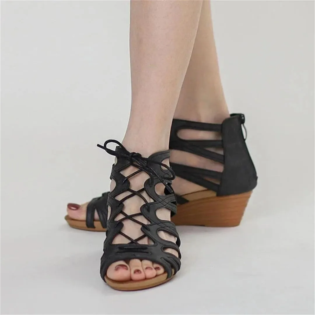 Womens Zip Back Strap Wedge Heel Open Side Vamp Modern Sandals PU Upper Open Toe Casual Summer Sandals