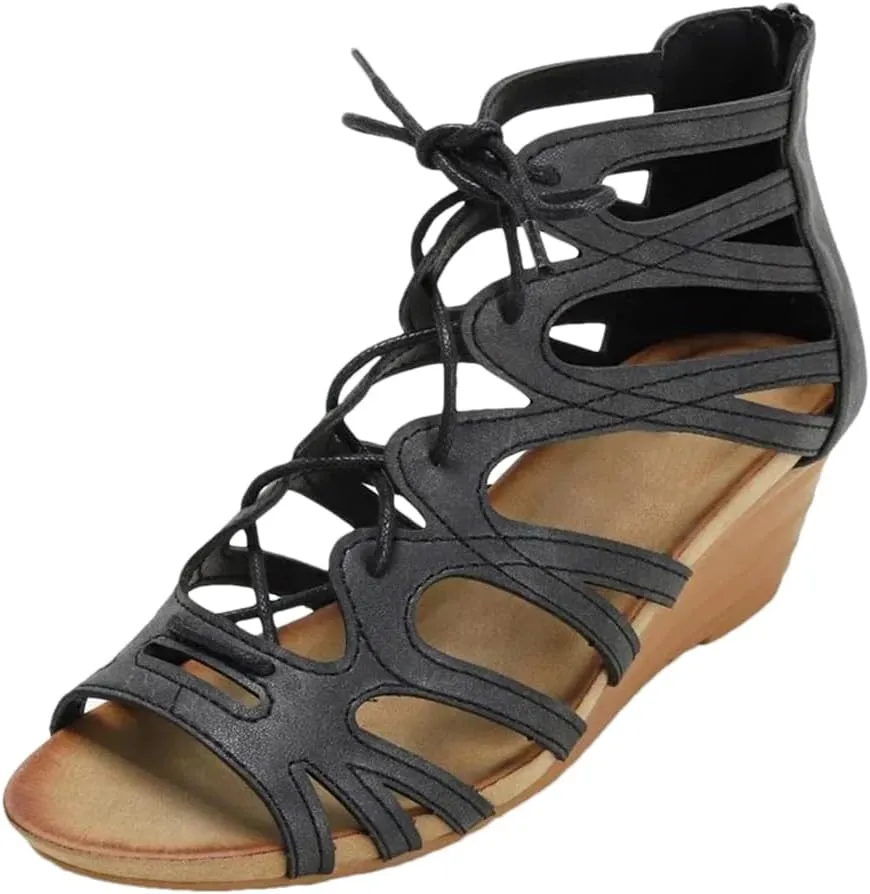 Womens Zip Back Strap Wedge Heel Open Side Vamp Modern Sandals PU Upper Open Toe Casual Summer Sandals
