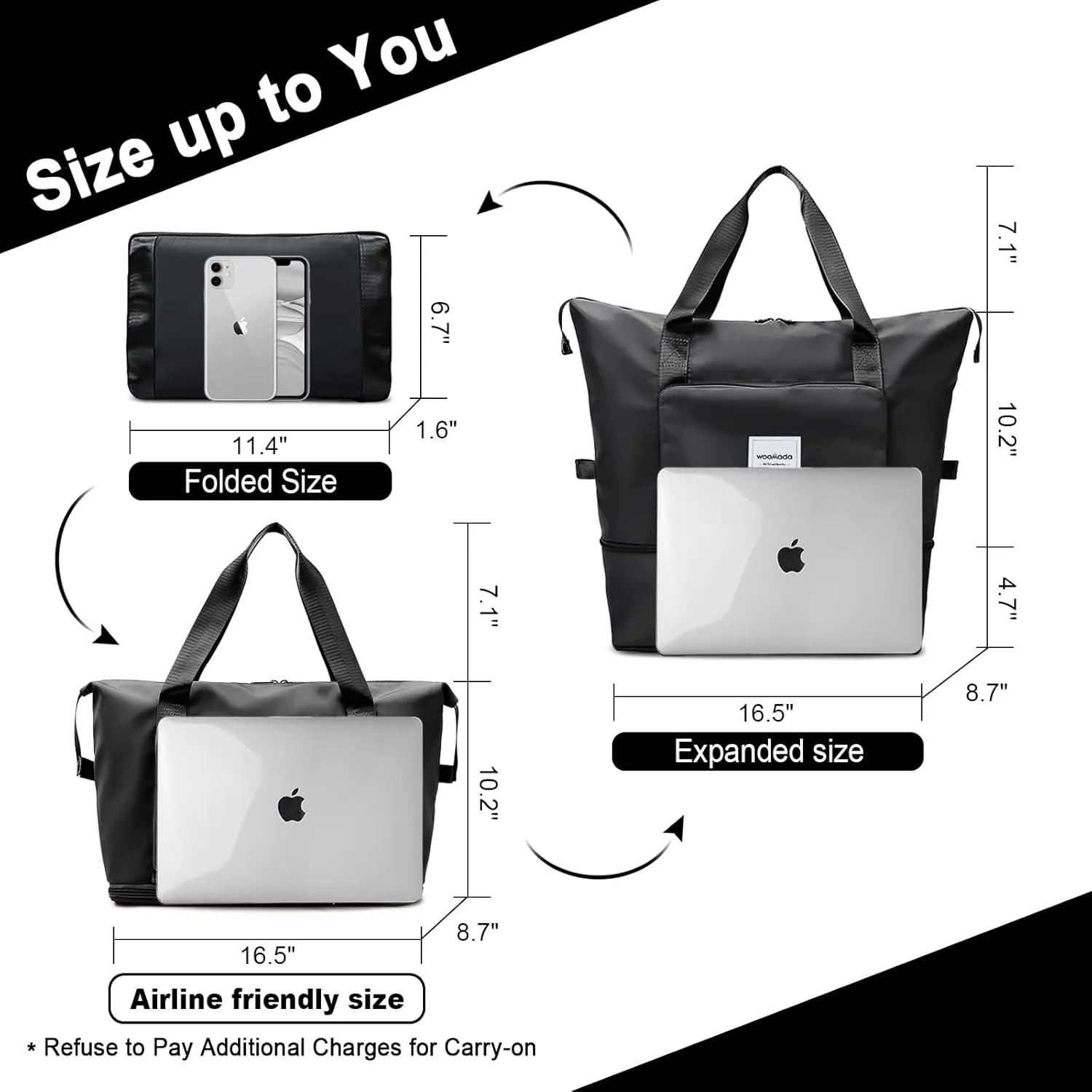 WOOMADA Foldable Travel Duffel, Weekender & Carry-On Bag with Expandable Space