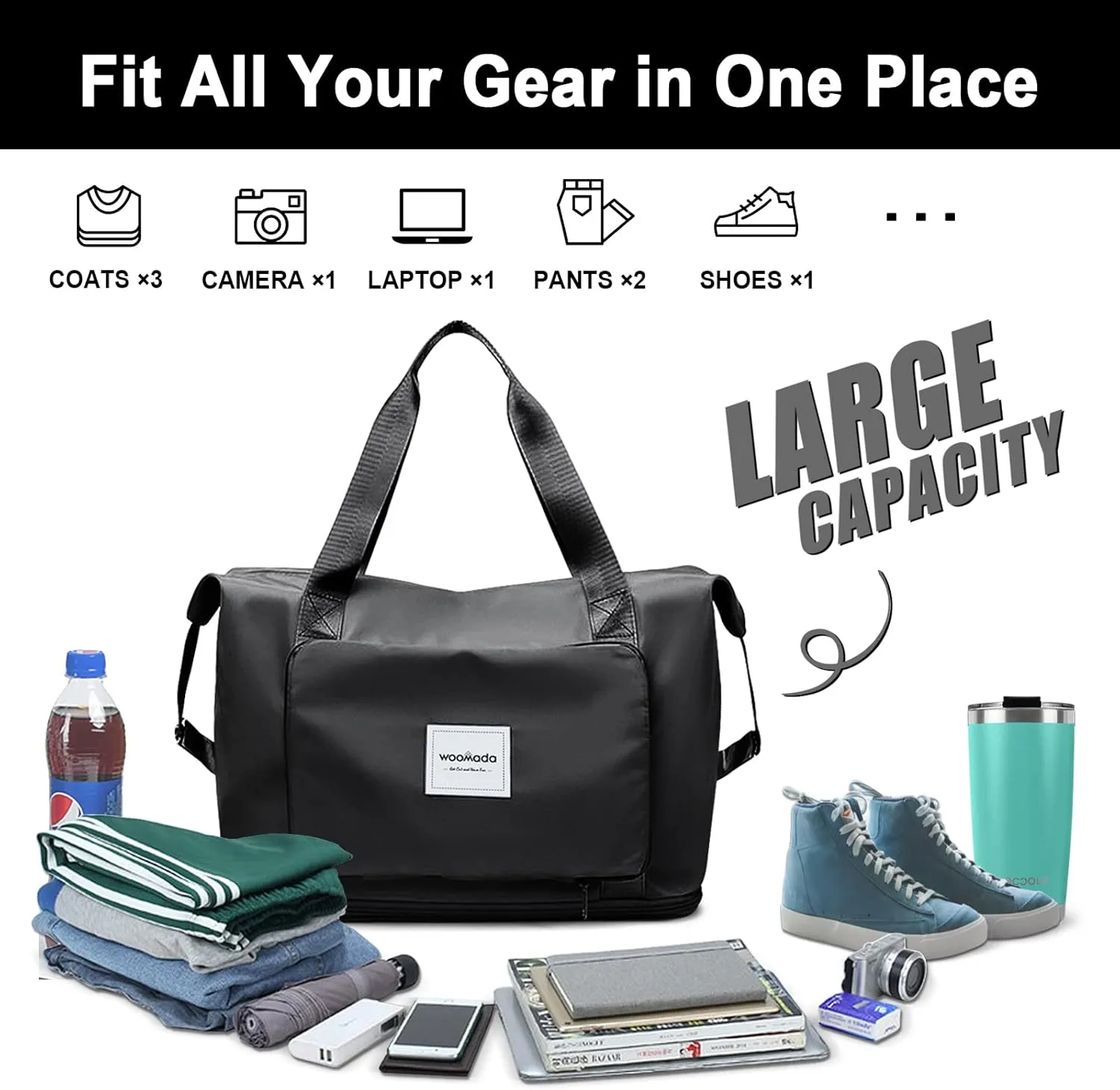 WOOMADA Foldable Travel Duffel, Weekender & Carry-On Bag with Expandable Space