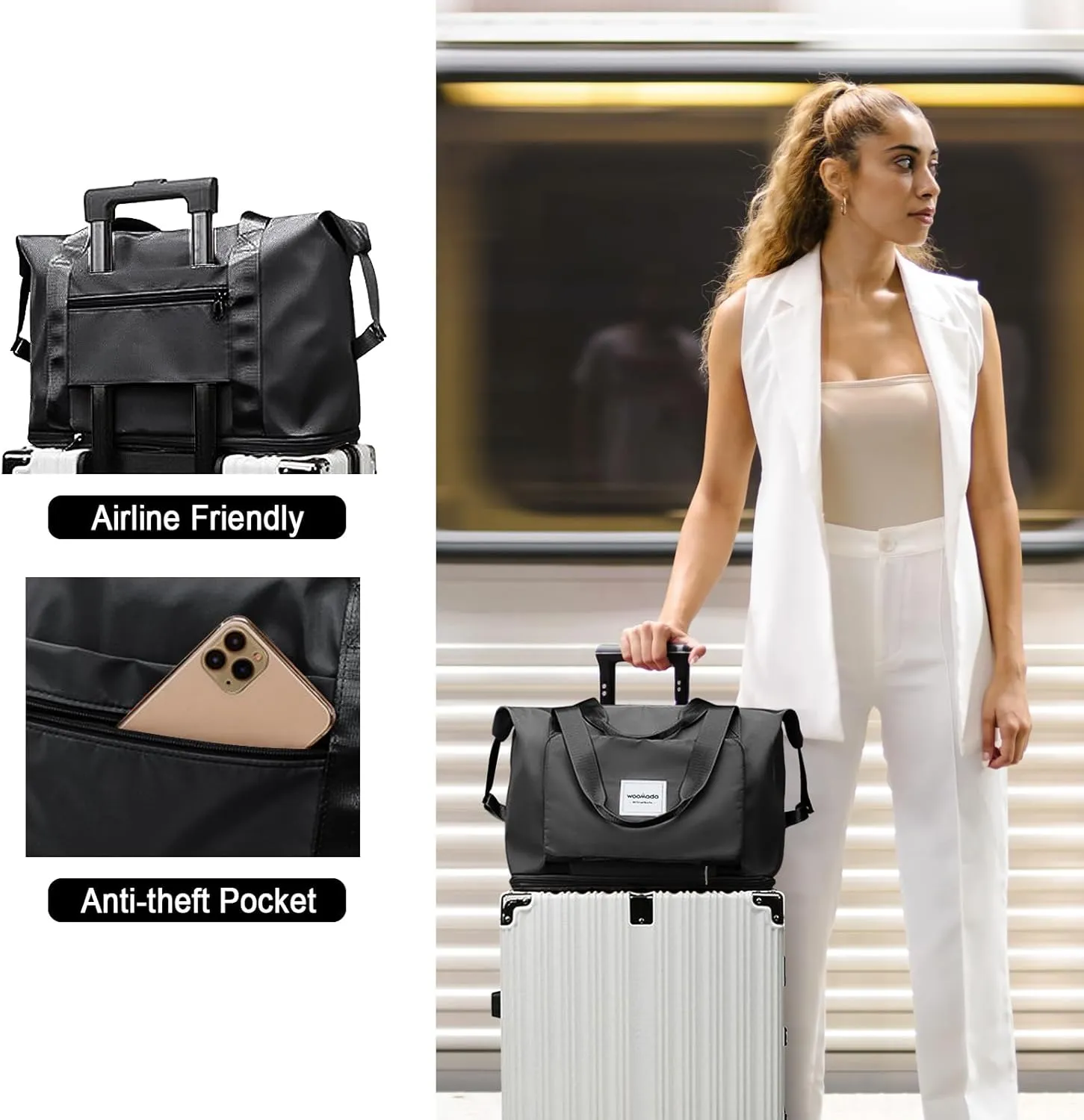 WOOMADA Foldable Travel Duffel, Weekender & Carry-On Bag with Expandable Space