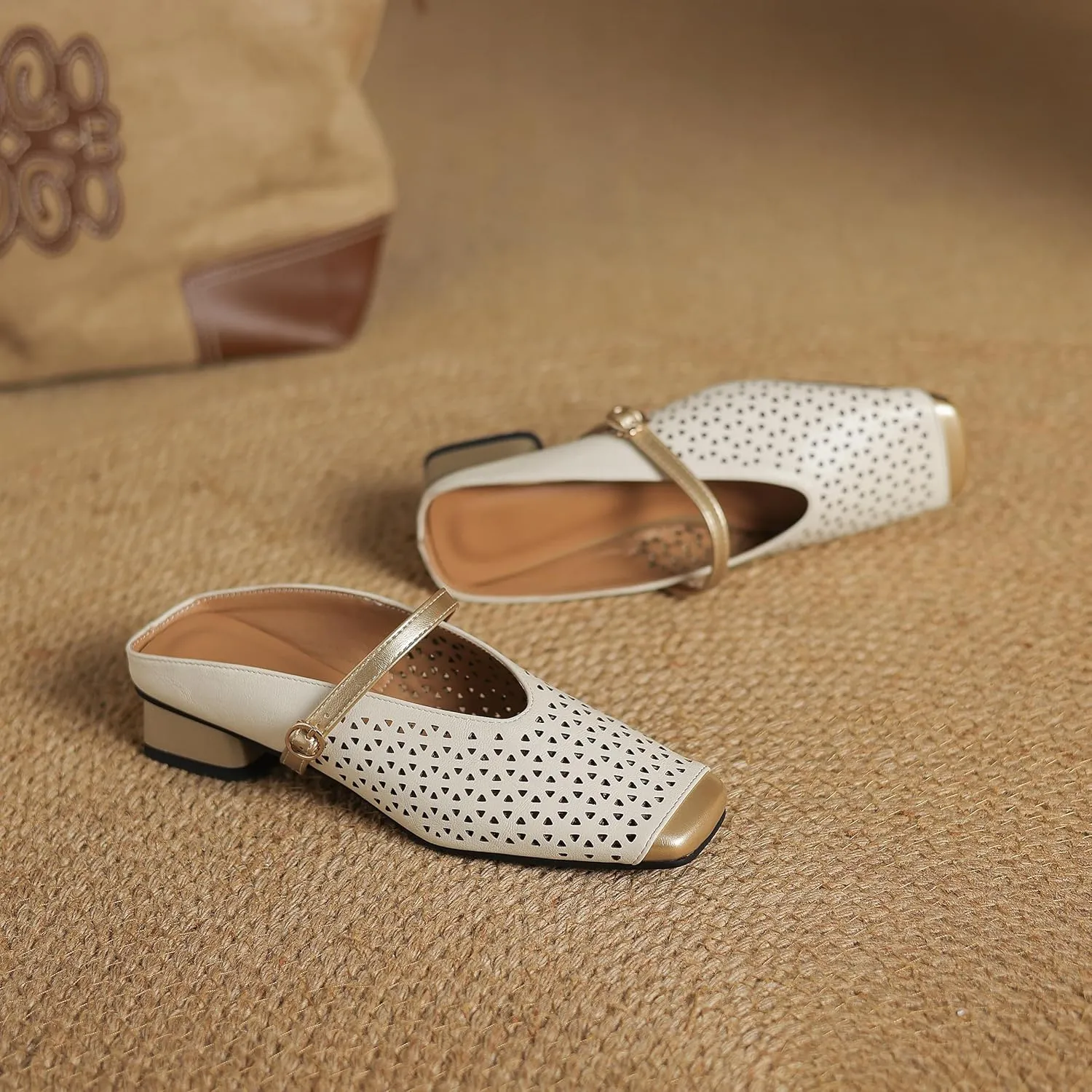 Woven Mesh Slingback Pumps for Women Nude Low Heel Sandal Square Toe Slingback Heels Office Casual Street
