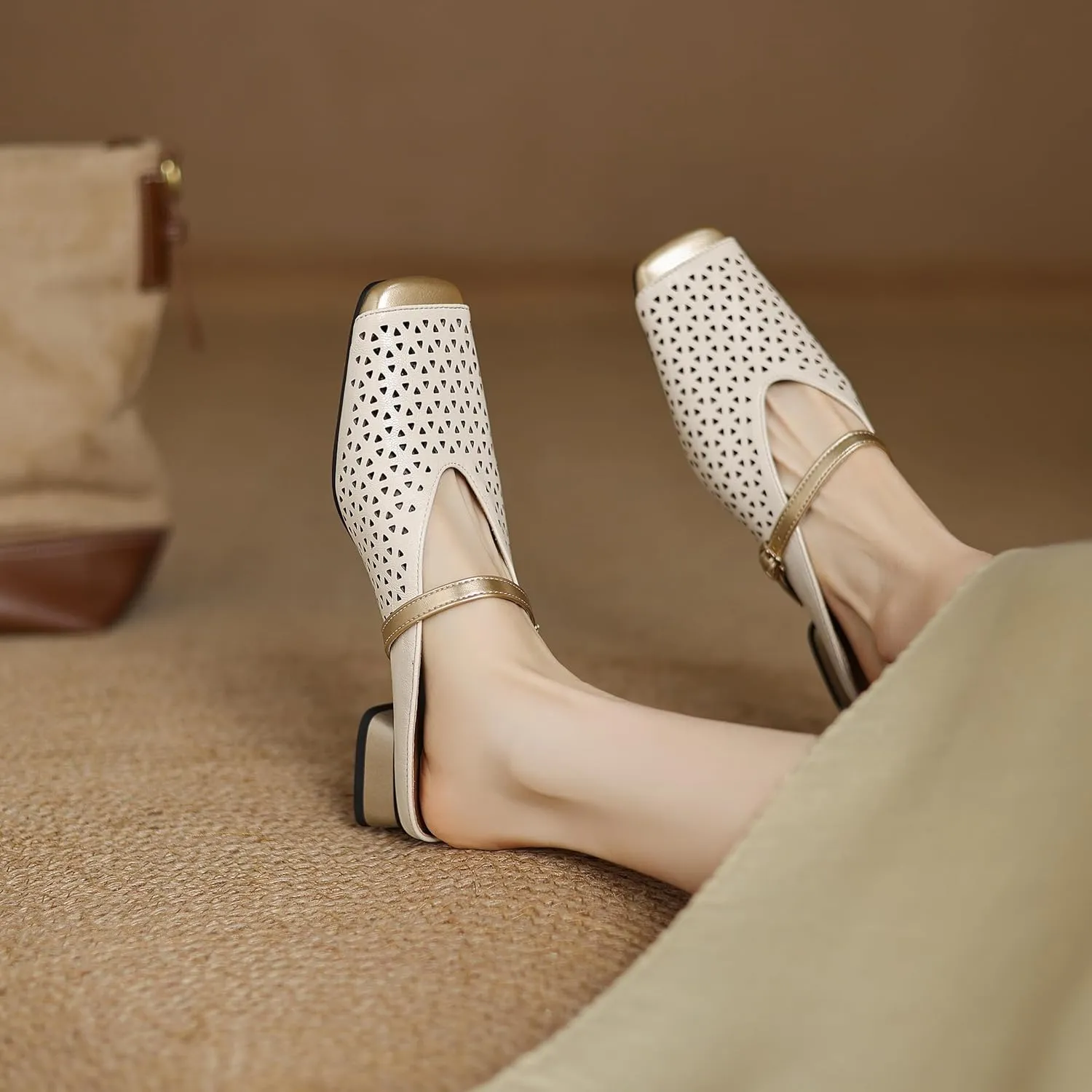 Woven Mesh Slingback Pumps for Women Nude Low Heel Sandal Square Toe Slingback Heels Office Casual Street