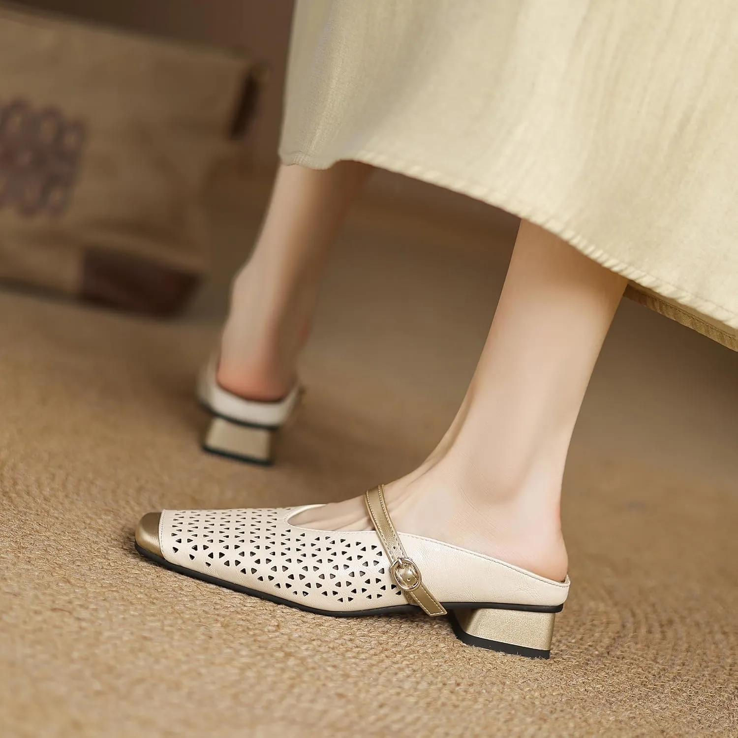 Woven Mesh Slingback Pumps for Women Nude Low Heel Sandal Square Toe Slingback Heels Office Casual Street