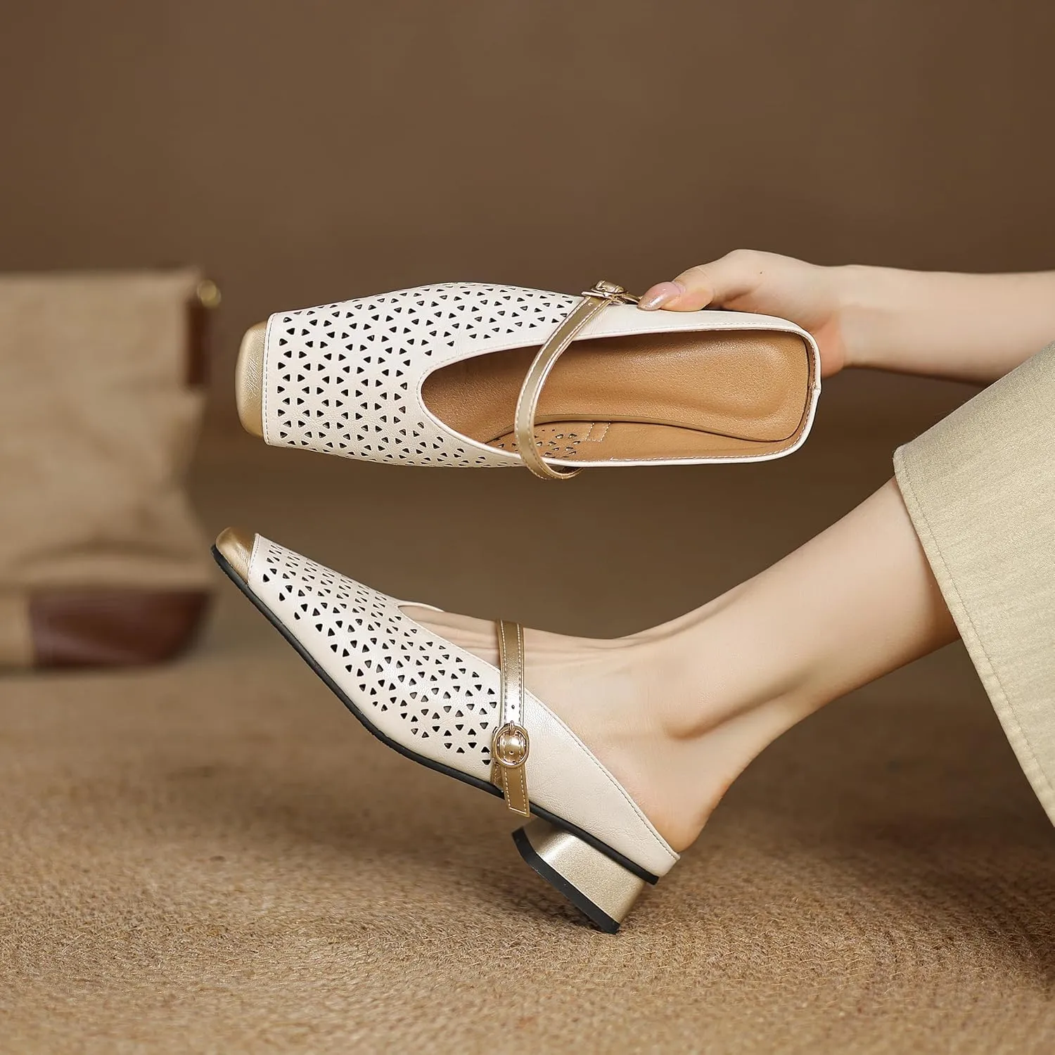 Woven Mesh Slingback Pumps for Women Nude Low Heel Sandal Square Toe Slingback Heels Office Casual Street