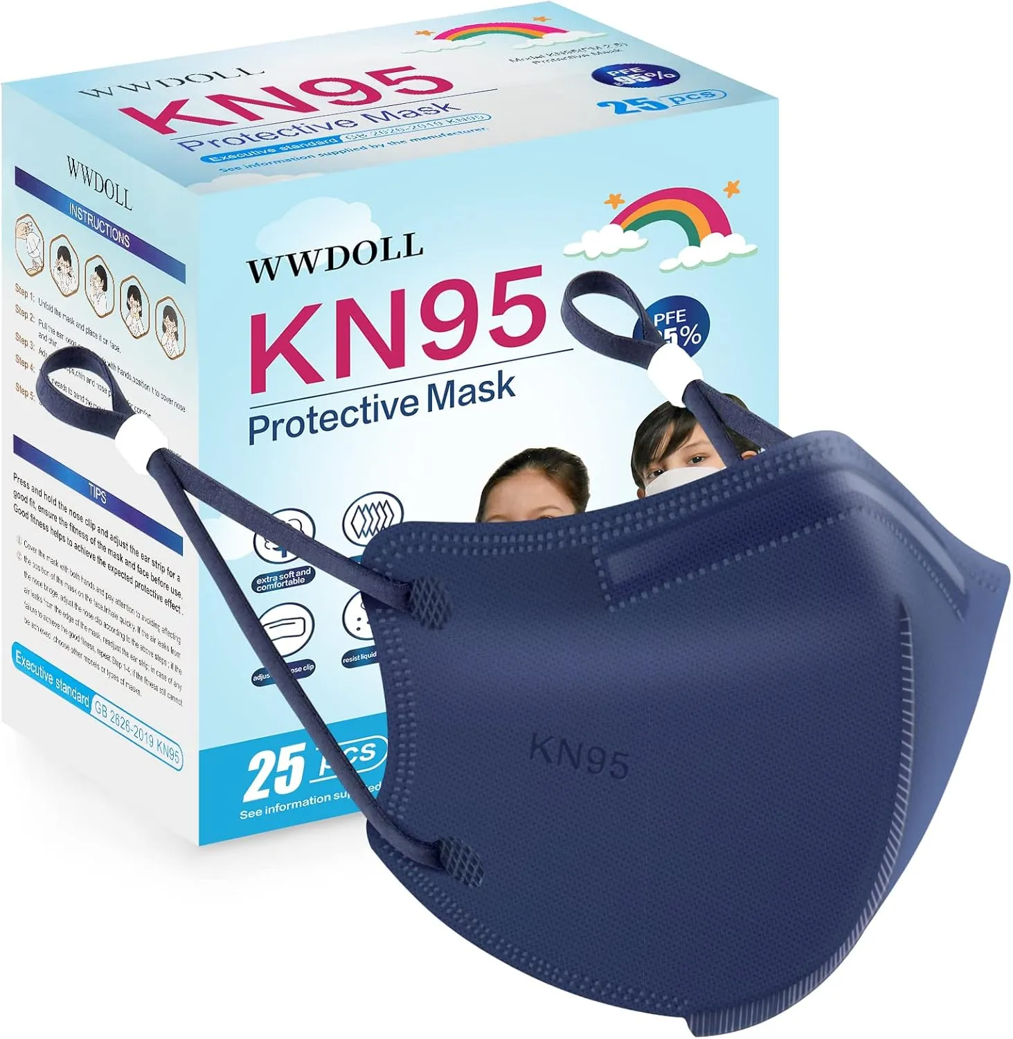 WWDOLL Kids KN95 Face Mask 25 Pack, 5-Layers Breathable KN95 Masks for Children, Purple