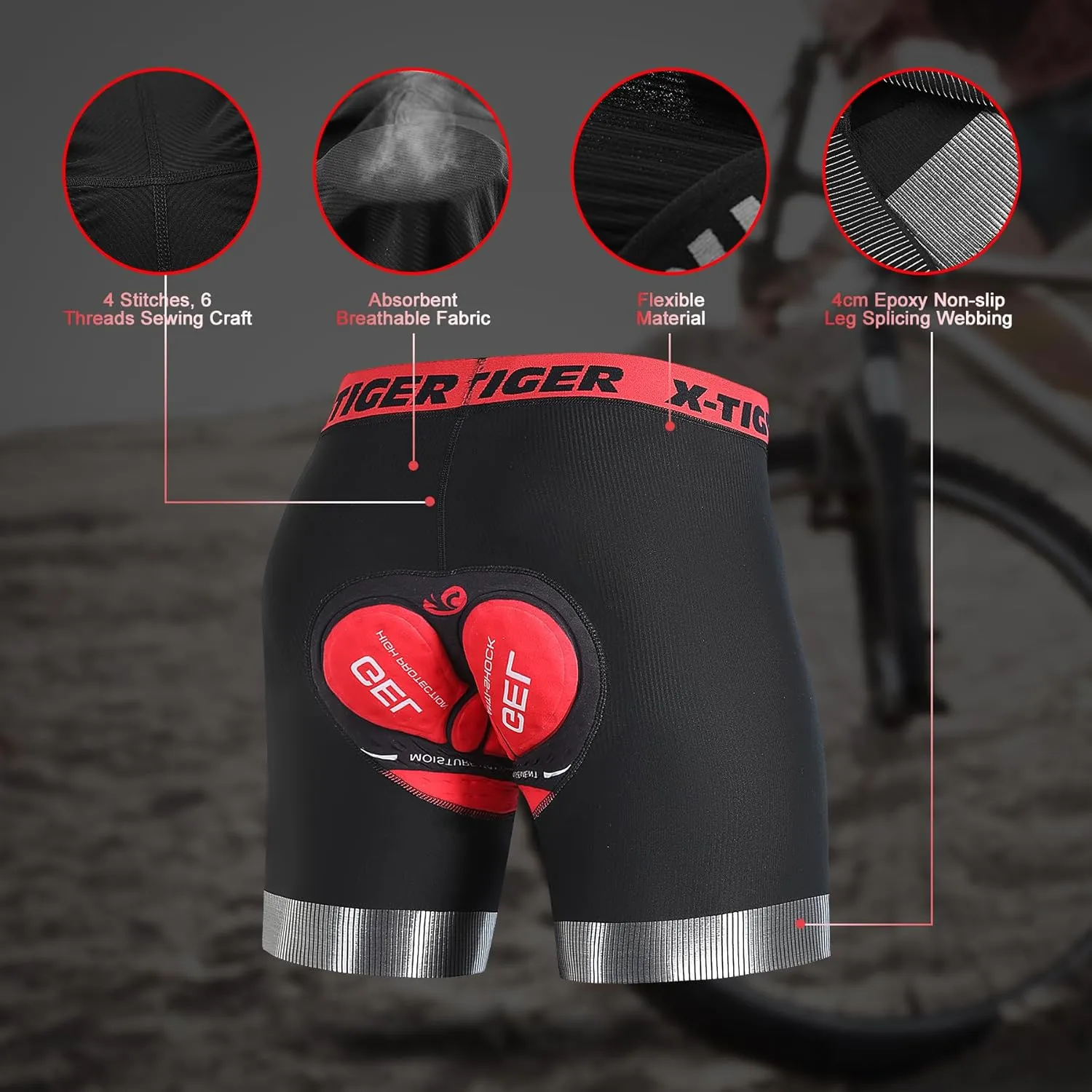 X-TIGER Cycling Underwear Mens Bike Shorts 5D Padded Mountain Biking Riding Shorts with Anti-Slip Leg,Bicycle Liner Shorts