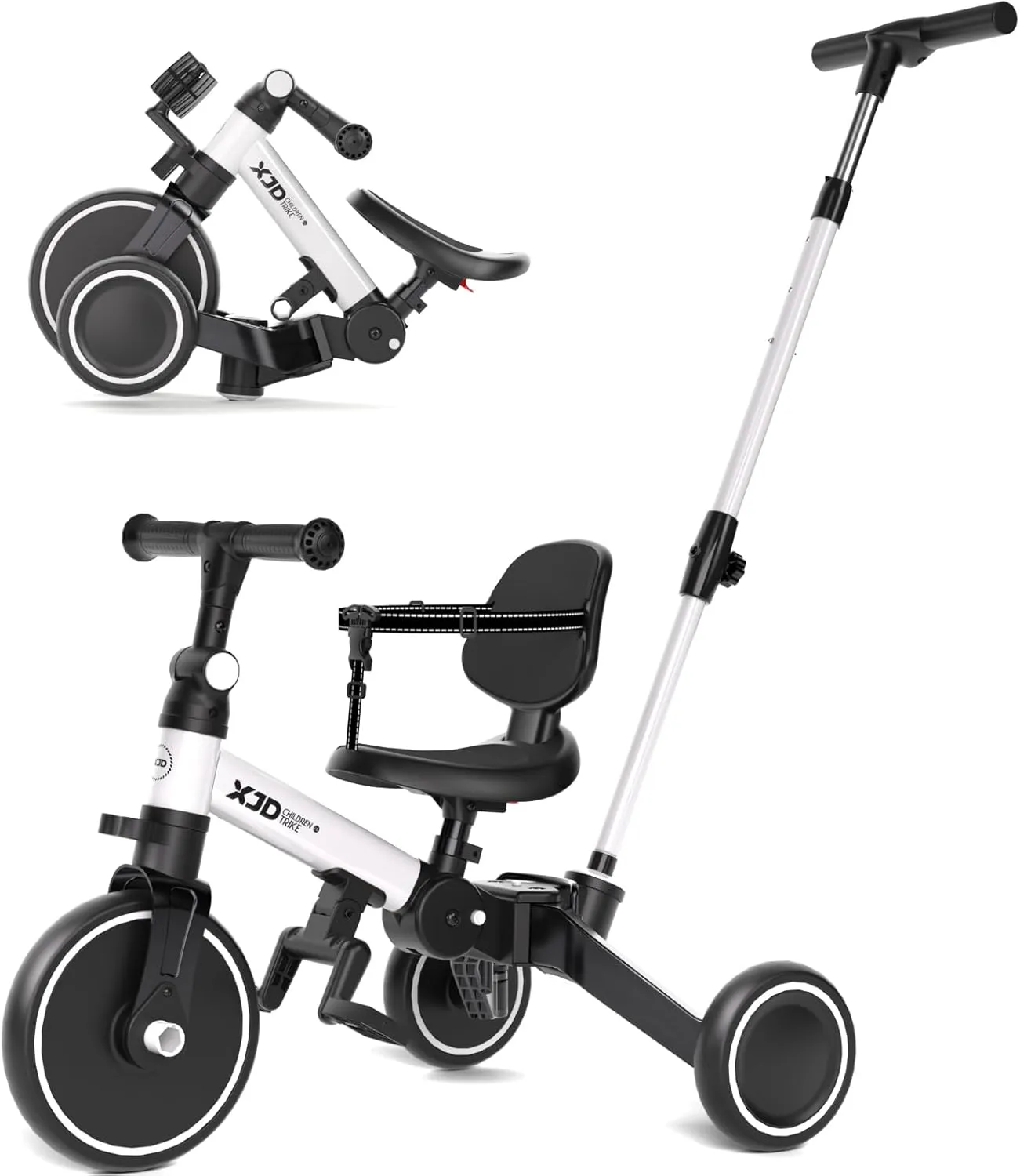 XJD Toddler Bike, 6 in 1 Folding Toddler Tricycle for 1-4 Year Old with Push Handle, Balance Bike with Removable Pedal,Backrest, Adjustable Seat Height and Handle, First Birthday Gifts (White)