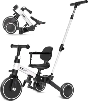 XJD Toddler Bike, 6 in 1 Folding Toddler Tricycle for 1-4 Year Old with Push Handle, Balance Bike with Removable Pedal,Backrest, Adjustable Seat Height and Handle, First Birthday Gifts (White)