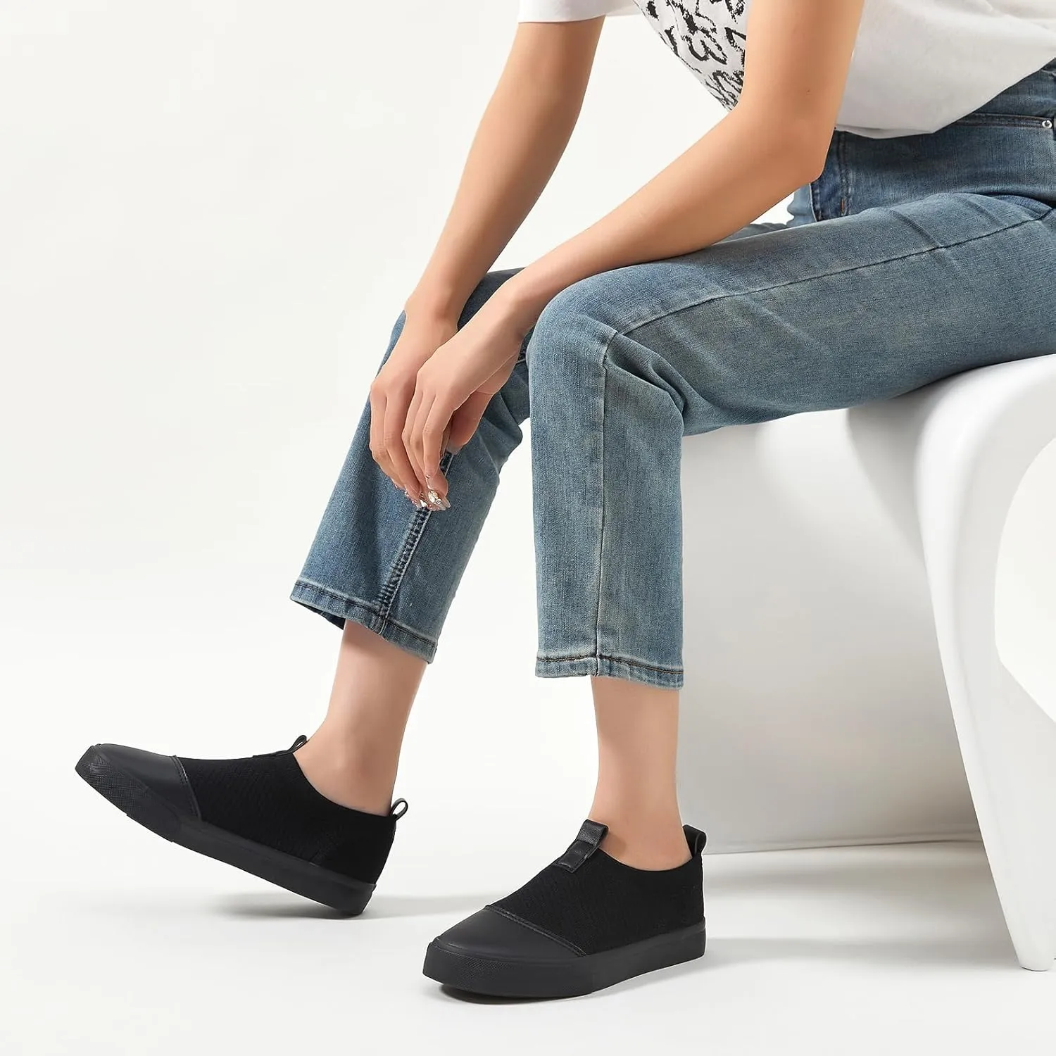 XRH Women's White Slip On Sneakers,Non Slip Women Fashion Work Shoes,Low top Casual Shoes