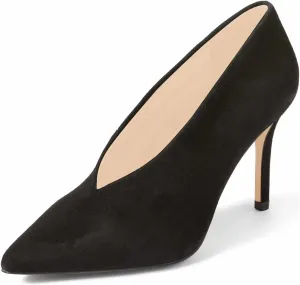 XYD Women's Fashion Suede High Heel Pumps Pointed Toe V Cut Slip On Dress Shoes